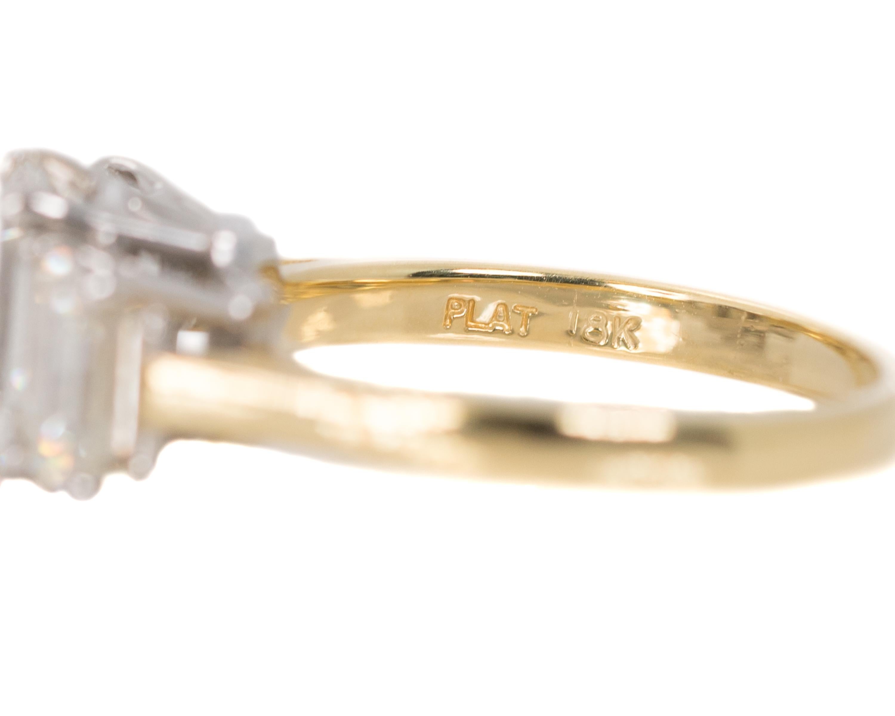 Women's 3.14 Carat Total Diamond, Platinum, 18 Karat Gold Three-Stone Emerald Cut Ring