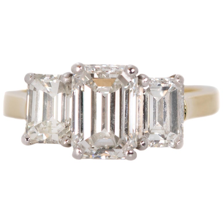 3 14 Carat Total Diamond Platinum 18 Karat Gold Three Stone Emerald Cut Ring For Sale At 1stdibs