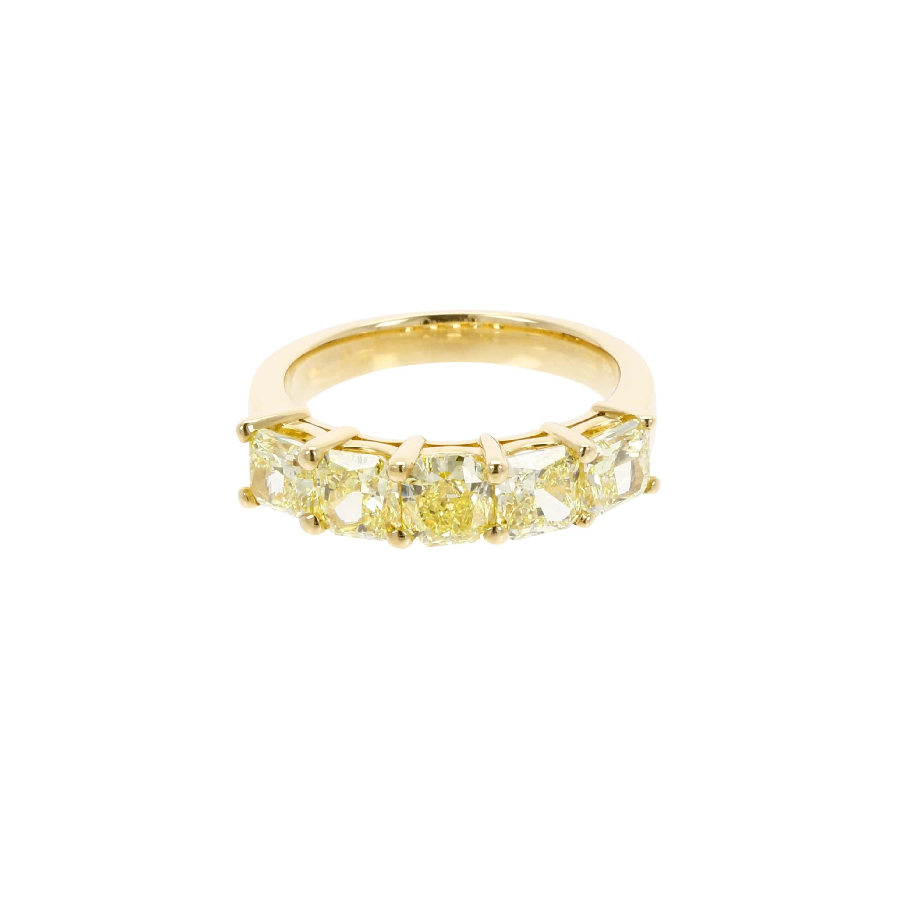 Radiant Cut 3.14 Carat Yellow Diamond Yellow Gold Eternity Band Ring For Sale