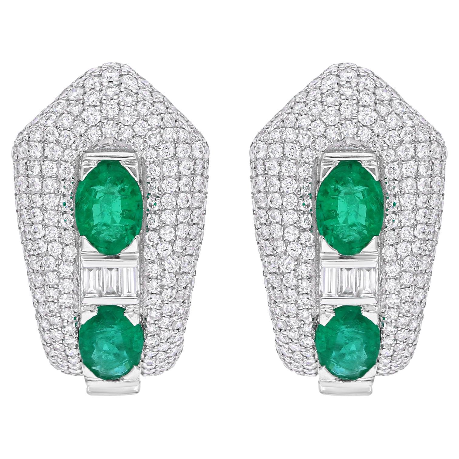 3.14 Carat Zambian Emerald Earrings 3.63 Carat SI/H Diamond 14 Karat White Gold