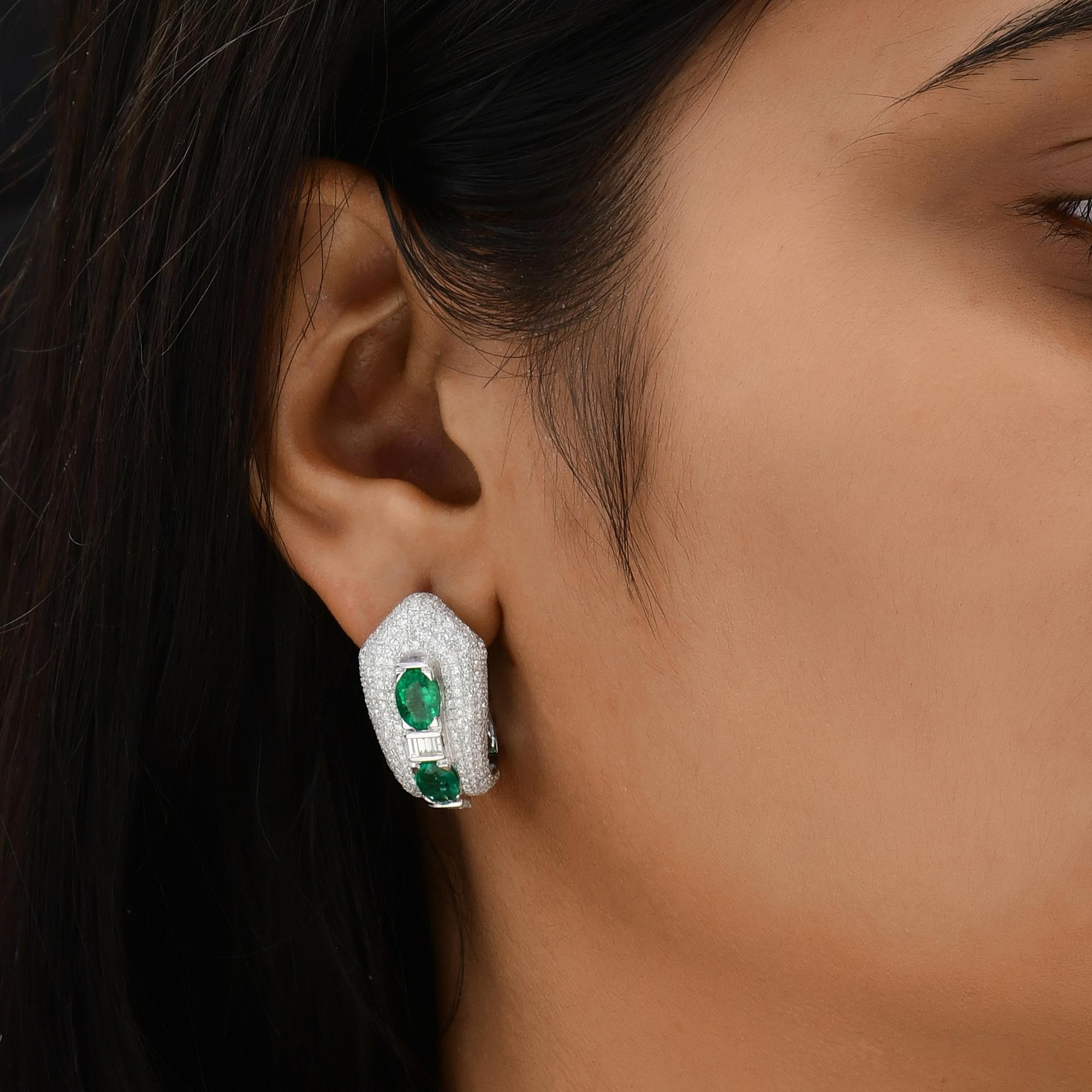 Oval Cut 3.14 Carat Zambian Emerald Earrings 3.63 Carat SI/H Diamond 18 Karat White Gold For Sale