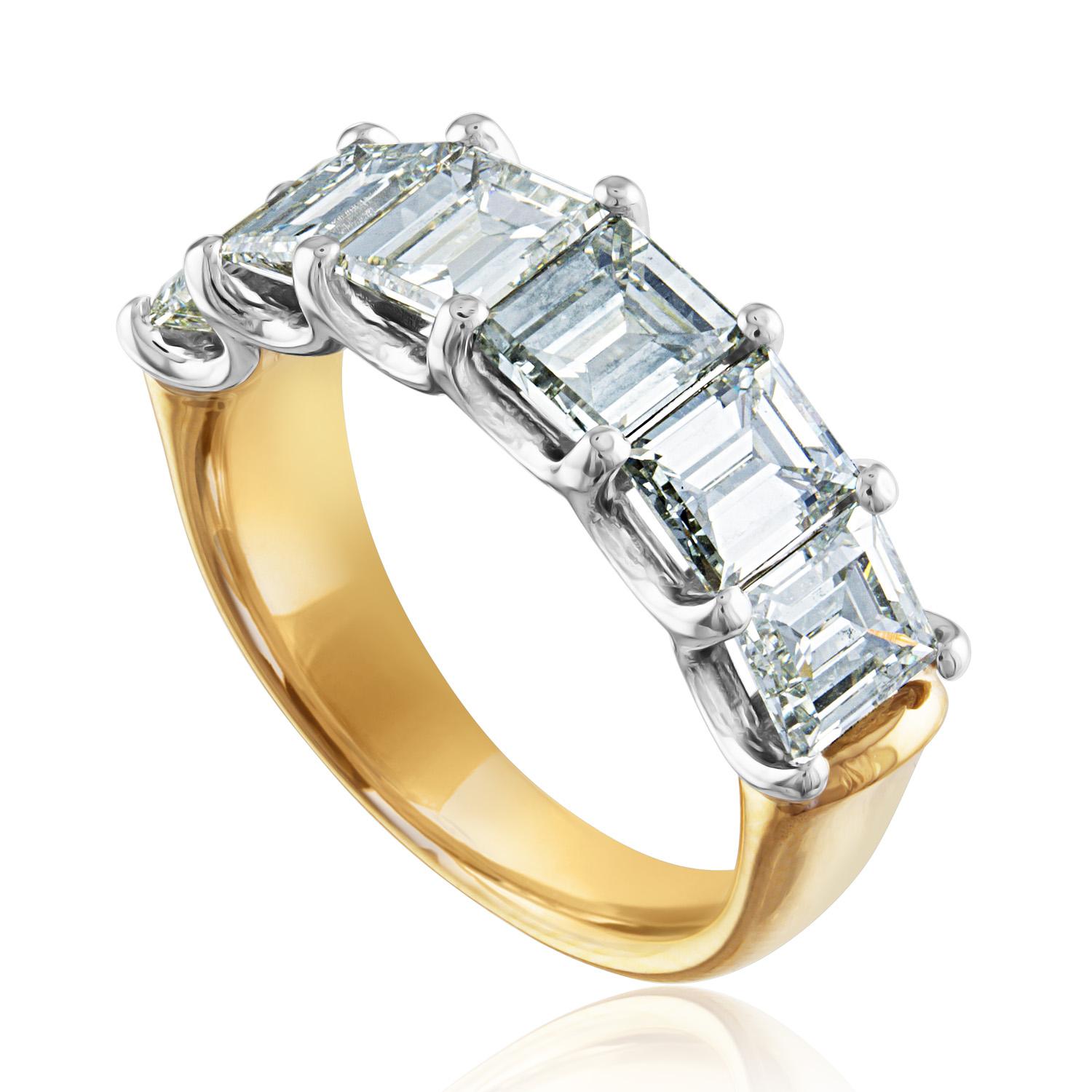 Very Beautiful Diamond Half Band Ring
The ring is 18K Yellow Gold & White Gold
There are 6 Carre Cut Diamonds prong set
There are 3.14 Carats In Diamonds H/I VS
The ring is a size 5.75, sizable. 
The band is 6.75mm and tapers down to 4.5mm. 
The