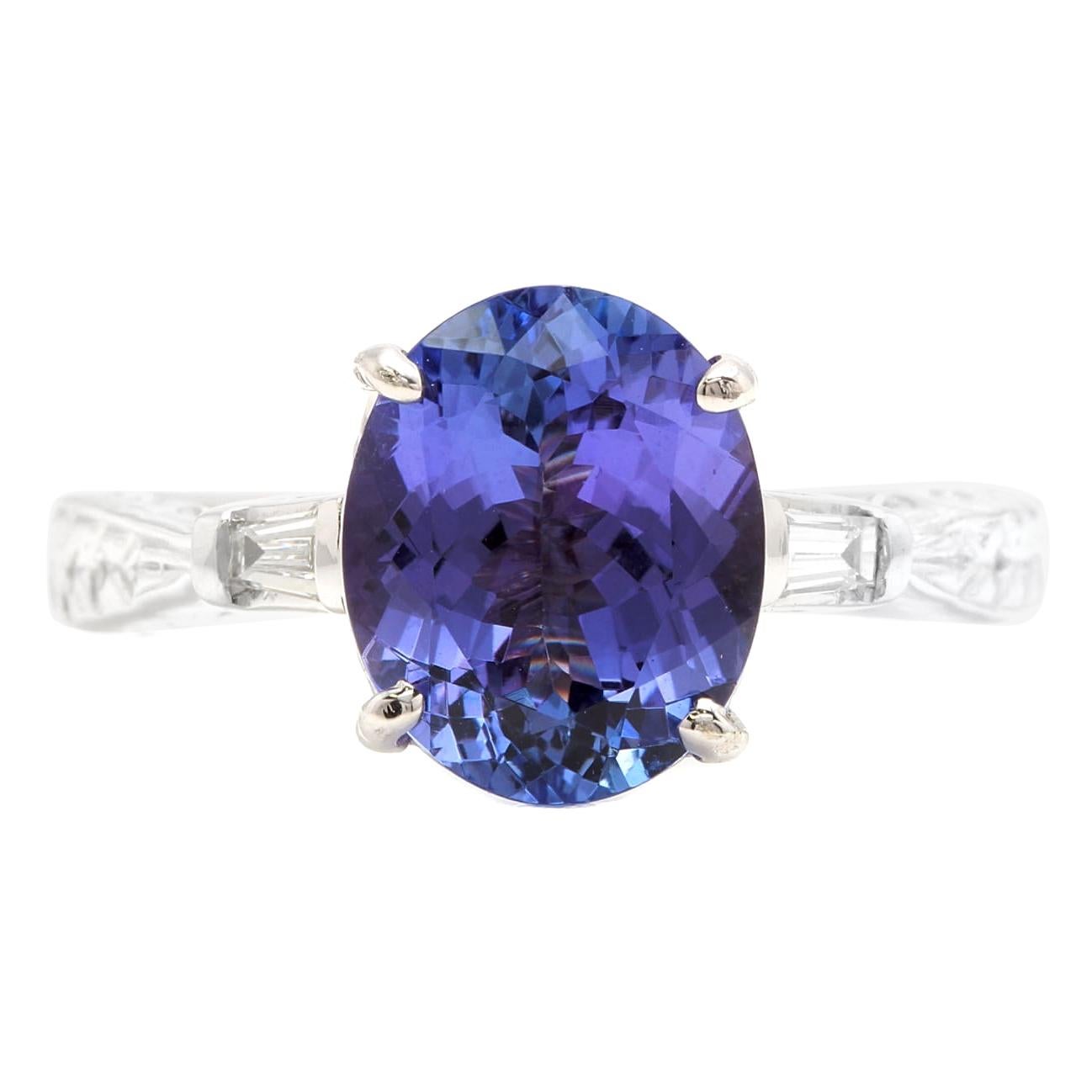3.14 Carats Natural Tanzanite and Diamond 14k Solid White Gold Ring For Sale