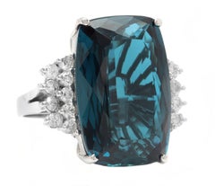 31.40 Carats Natural London Blue Topaz and Diamond 14k Solid White Gold Ring