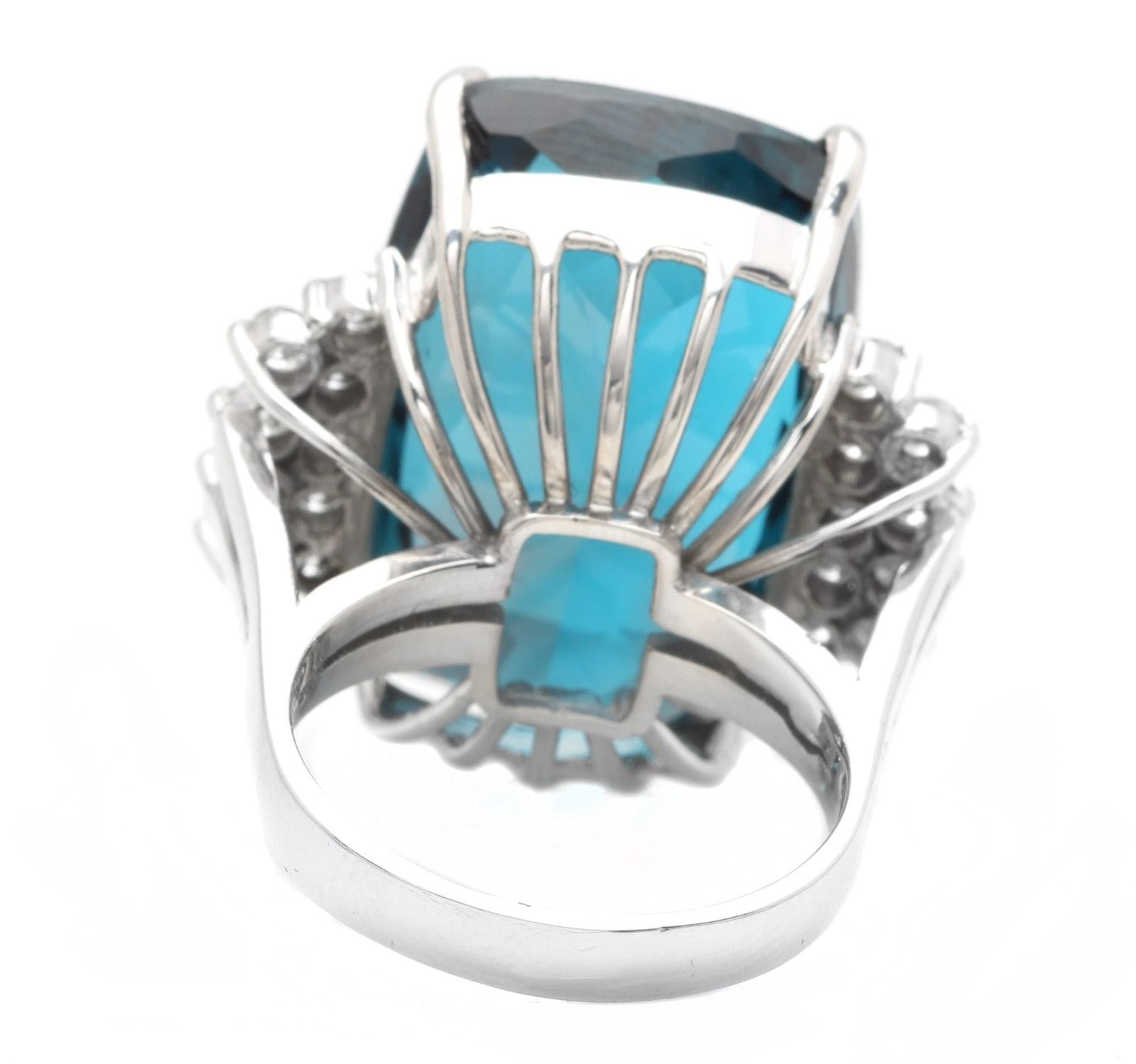 Mixed Cut 31.40 Carats Natural London Blue Topaz and Diamond 14k Solid White Gold Ring For Sale