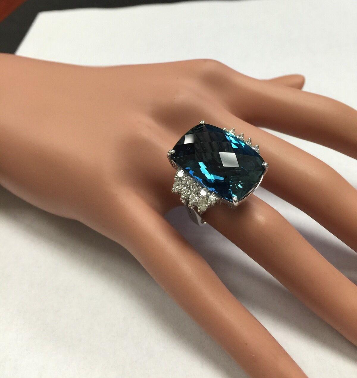 31.40 Carats Natural London Blue Topaz and Diamond 14k Solid White Gold Ring For Sale 1