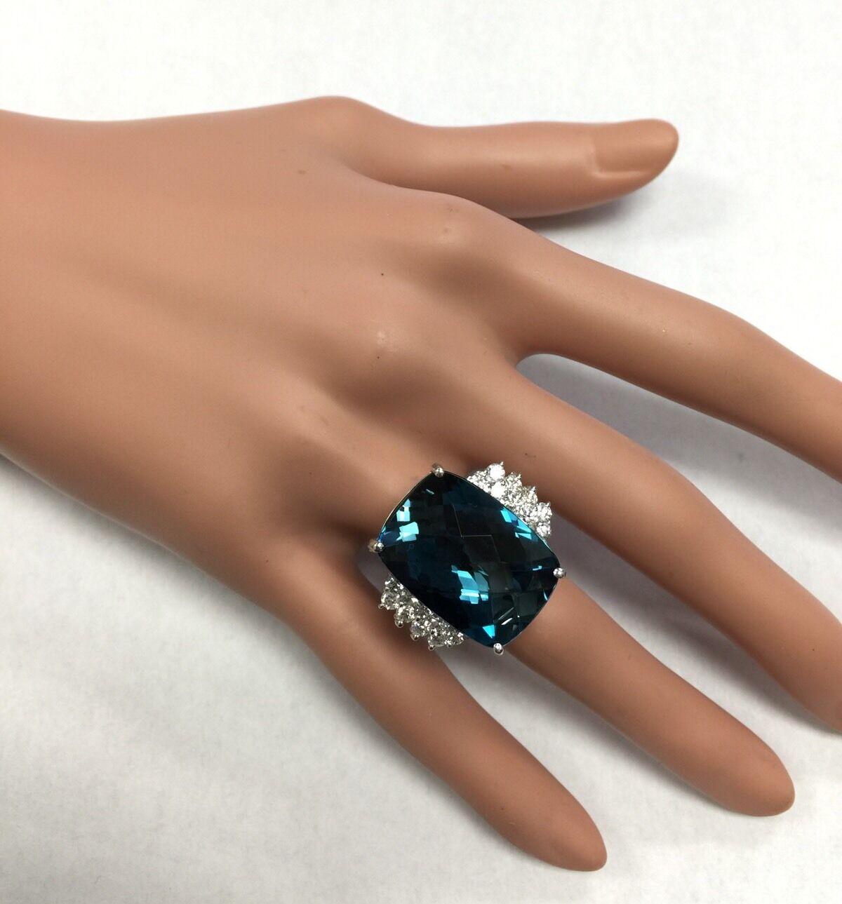 31.40 Carats Natural London Blue Topaz and Diamond 14k Solid White Gold Ring For Sale 2