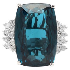 31.40 Carats Natural London Blue Topaz and Diamond 14k Solid White Gold Ring