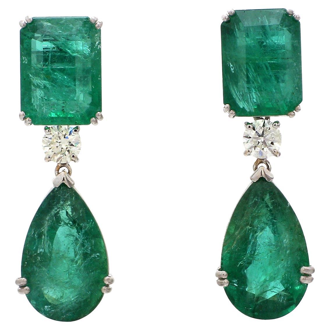 31.40 Carats Zambian Emerald Diamond 14 Karat Gold Drop Earrings