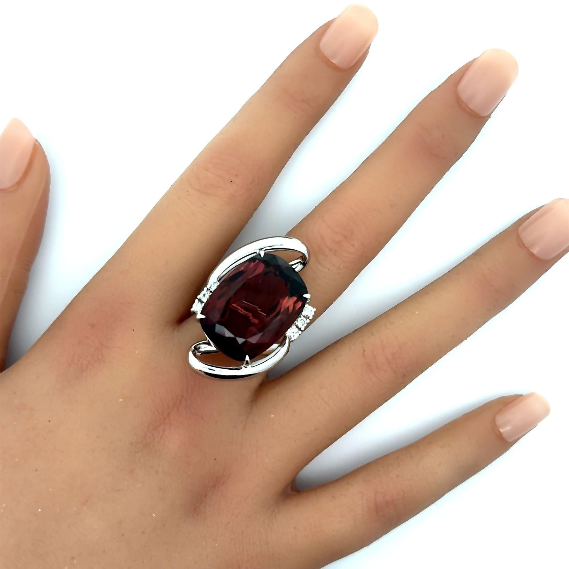 Cushion Cut 31.41 Carat Pink Tourmaline Diamond Platinum Cocktail Ring For Sale