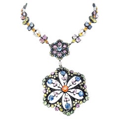 31.42 Carat Sapphire 0.83 Carat Round H-SI Diamond 18K Gold Pendant Necklace