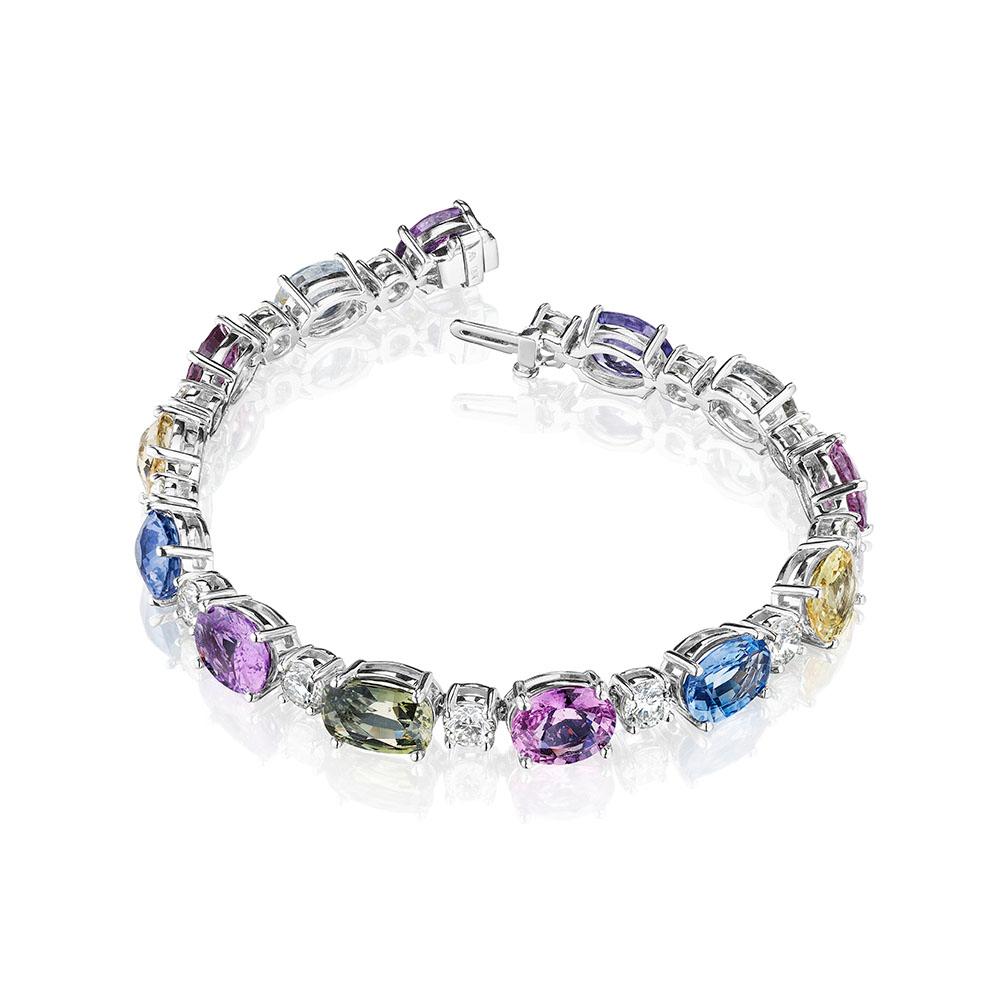 Modern 31.46 Carat Multi Color Oval Sapphire & Round Diamond Bracelet For Sale