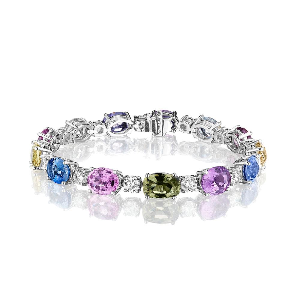 Oval Cut 31.46 Carat Multi Color Oval Sapphire & Round Diamond Bracelet For Sale