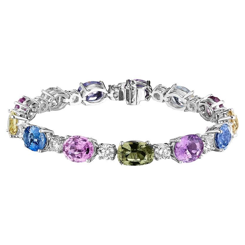 31.46 Carat Multi Color Oval Sapphire & Round Diamond Bracelet For Sale