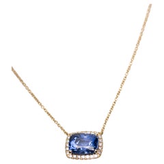 3.14ct Blue Sapphire Necklace with Diamond Halo in 18K Yellow Gold