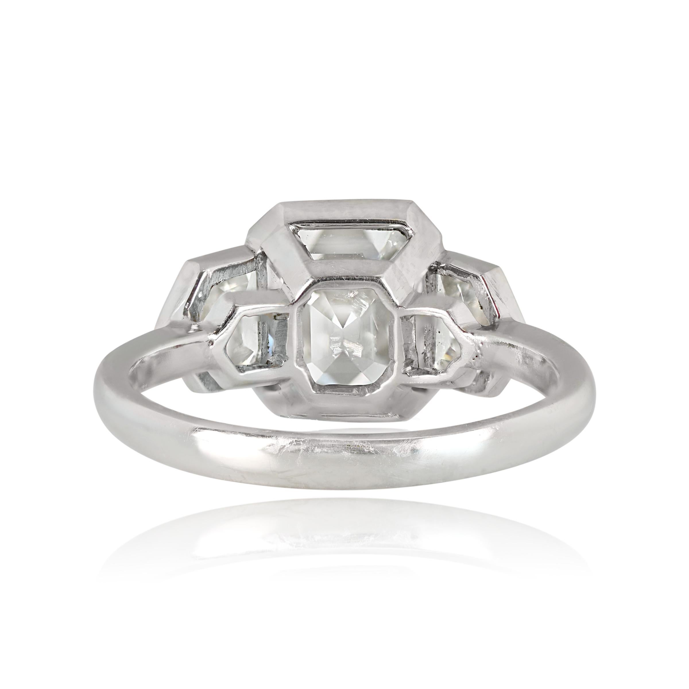 Art Deco 3.14ct GIA Three-Stoned Emerald Cut Diamond Engagement Ring, Platinum For Sale