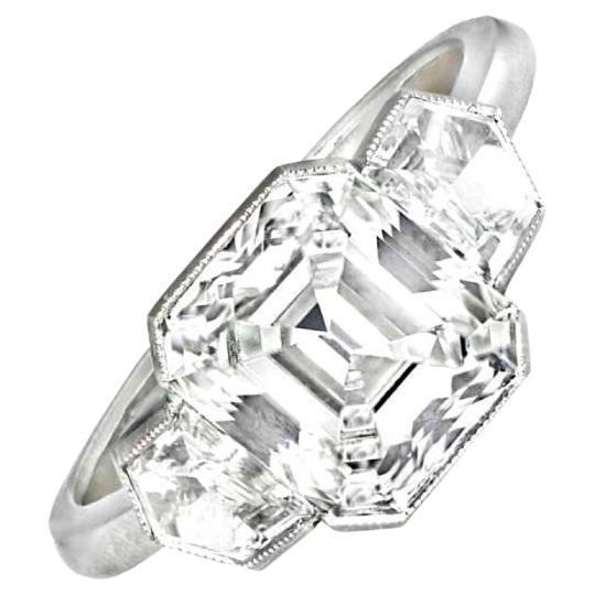 3.14ct GIA Three-Stoned Emerald Cut Diamond Engagement Ring, Platinum For Sale