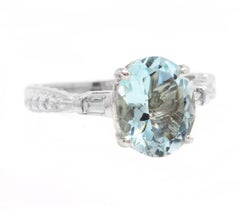 3.14ct Natural Aquamarine & Diamond 14k Solid White Gold Ring