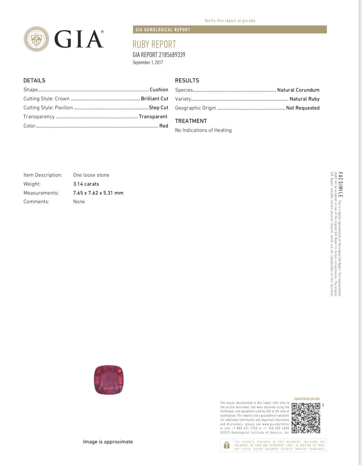 Modern 3.14ct untreated cushion Mozambique Ruby ring. GIA certified. For Sale