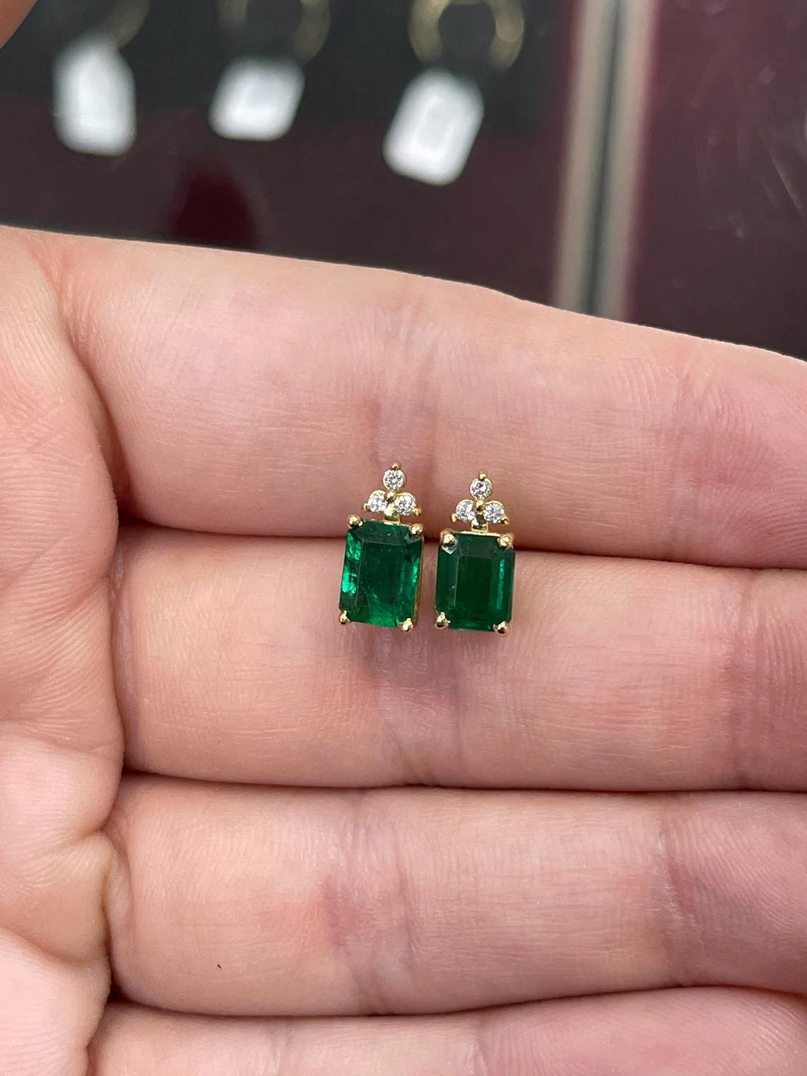 3.14tcw 14K Natural Emerald-Emerald Cut & Diamond Accent Prong Stud Earrings In New Condition For Sale In Jupiter, FL