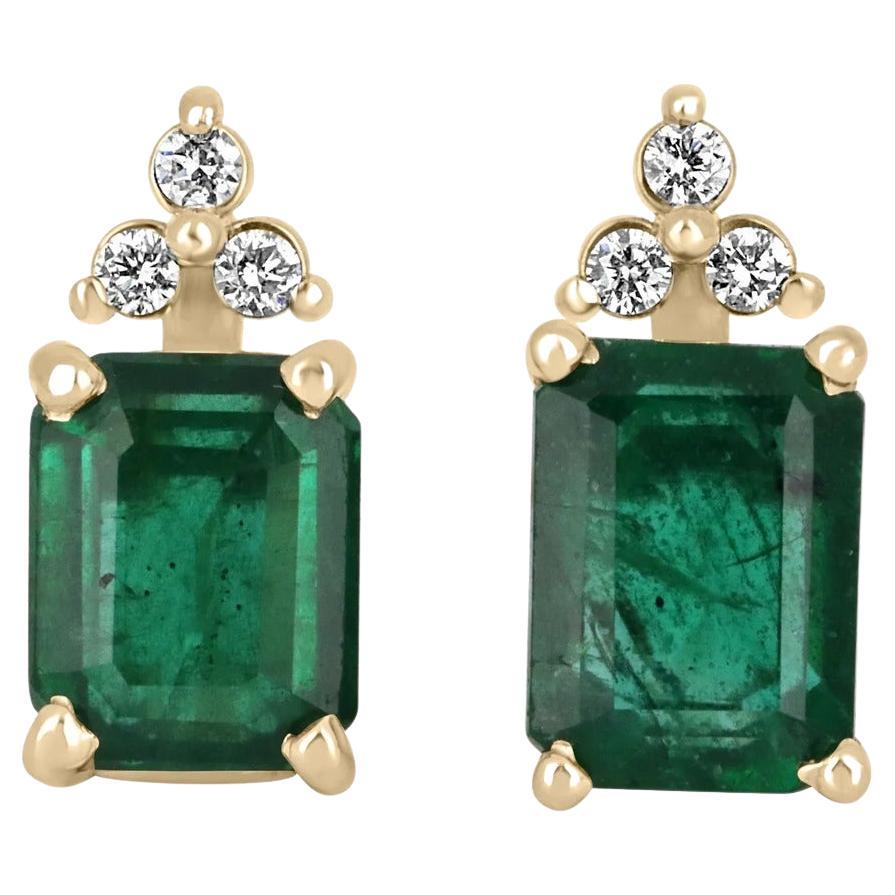 3.14tcw 14K Natural Emerald-Emerald Cut & Diamond Accent Prong Stud Earrings For Sale
