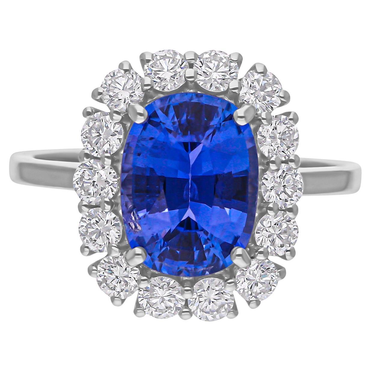 3.15 Carat Blue Sapphire 0.92 Carat SI/H Diamond 18k White Gold Cocktail Ring