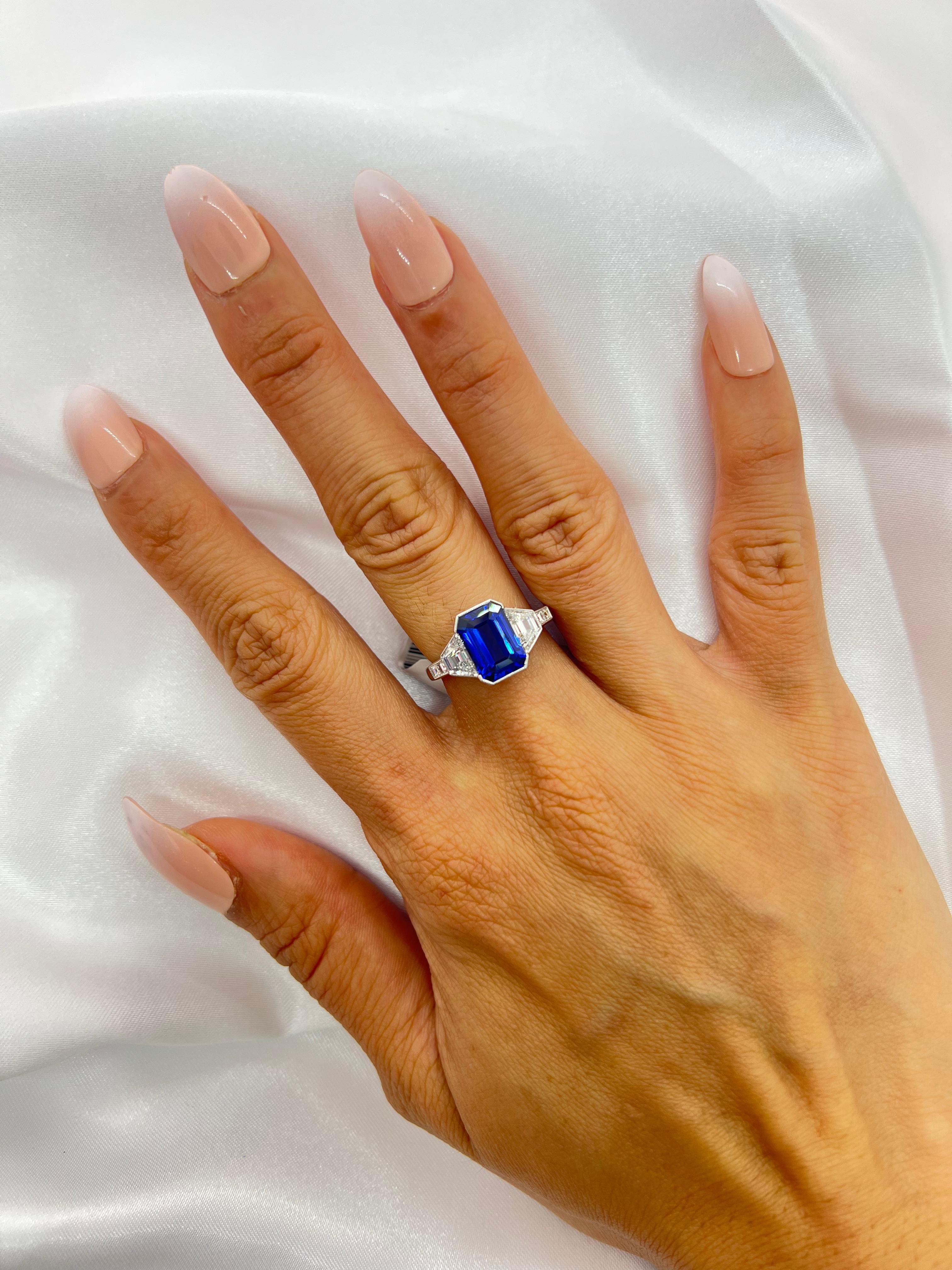 Octagon Cut Sophia D. 3.15 Carat Blue Sapphire with Diamonds Platinum Ring For Sale