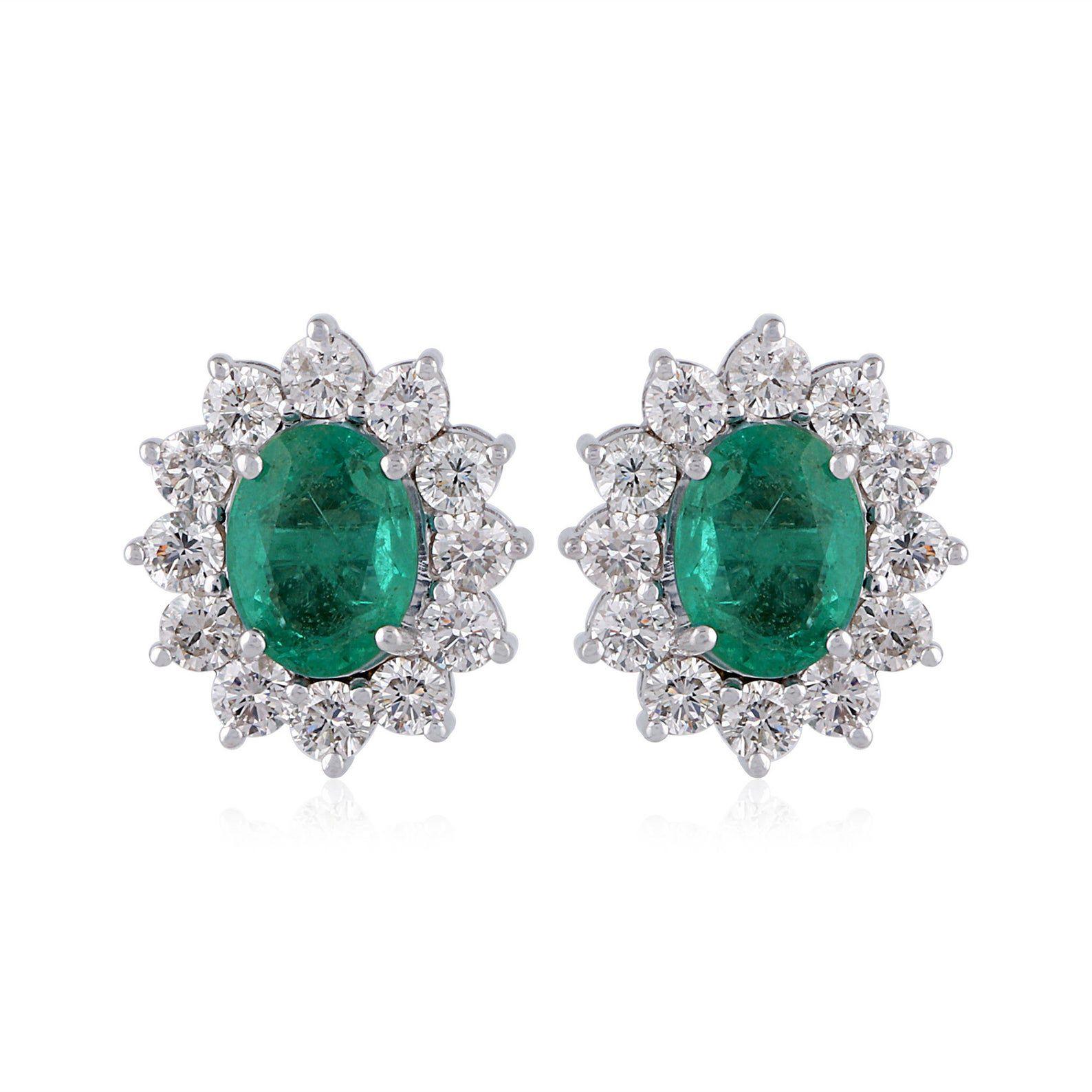 Modern 3.15 Carat Emerald Diamond 18 Karat Gold Oval Stud Earrings For Sale