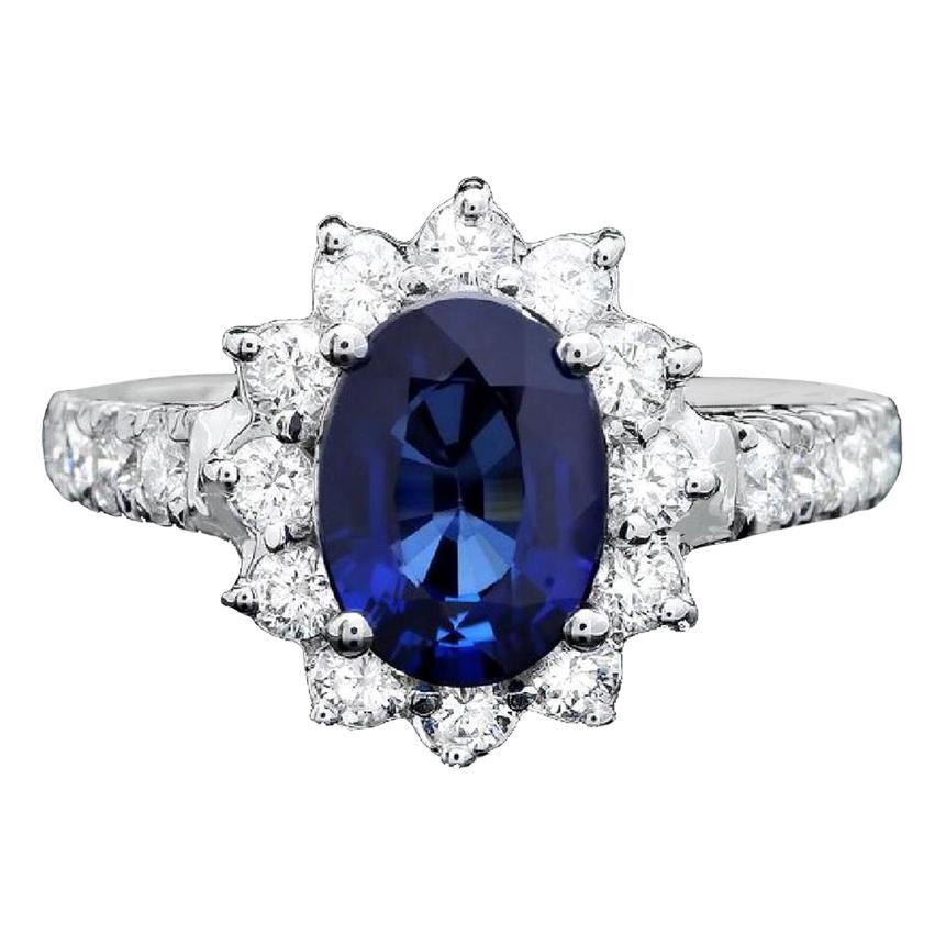 3.15 Carat Exquisite Natural Blue Sapphire and Diamond 14 Karat Solid White Gold For Sale