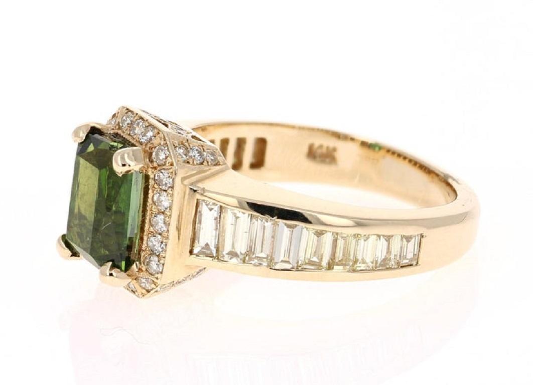 Emerald Cut 3.15 Carat Green Tourmaline Diamond 14 Karat Yellow Gold Ring For Sale