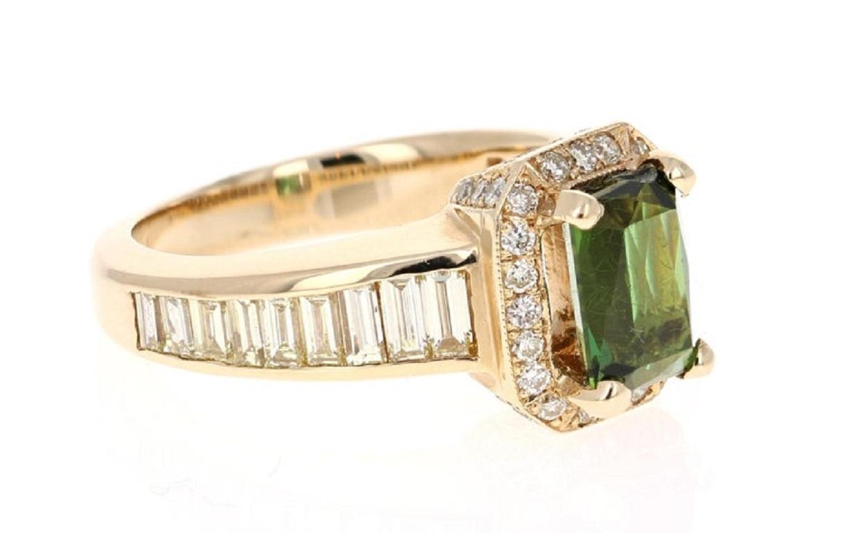 3.15 Carat Green Tourmaline Diamond 14 Karat Yellow Gold Ring In New Condition For Sale In Los Angeles, CA