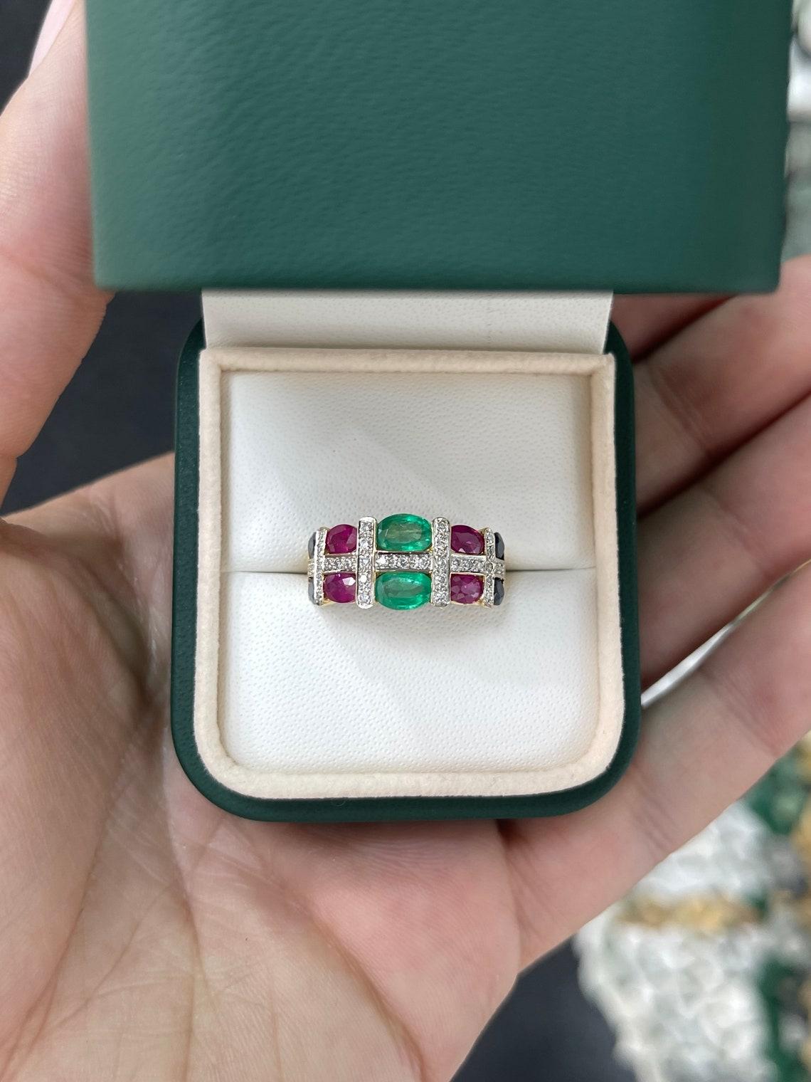 Victorian 3.15 Carat Multi Gemstone Oval Emerald Ruby Sapphire Diamond Ring For Sale
