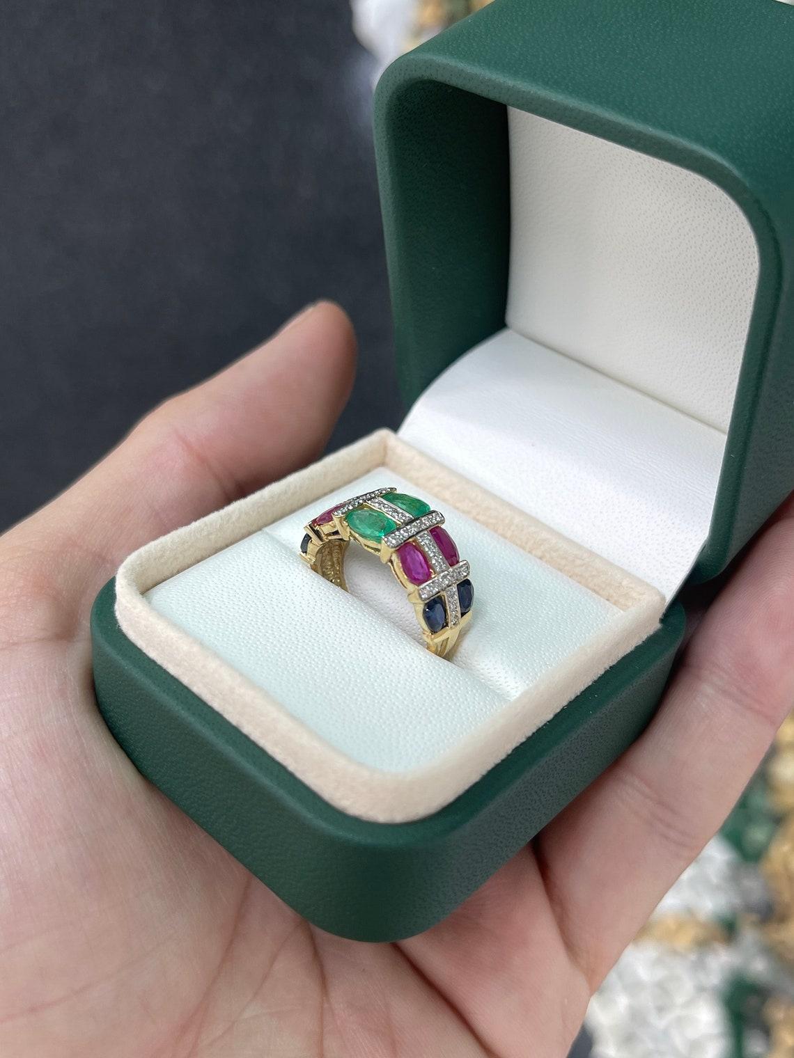 Oval Cut 3.15 Carat Multi Gemstone Oval Emerald Ruby Sapphire Diamond Ring For Sale