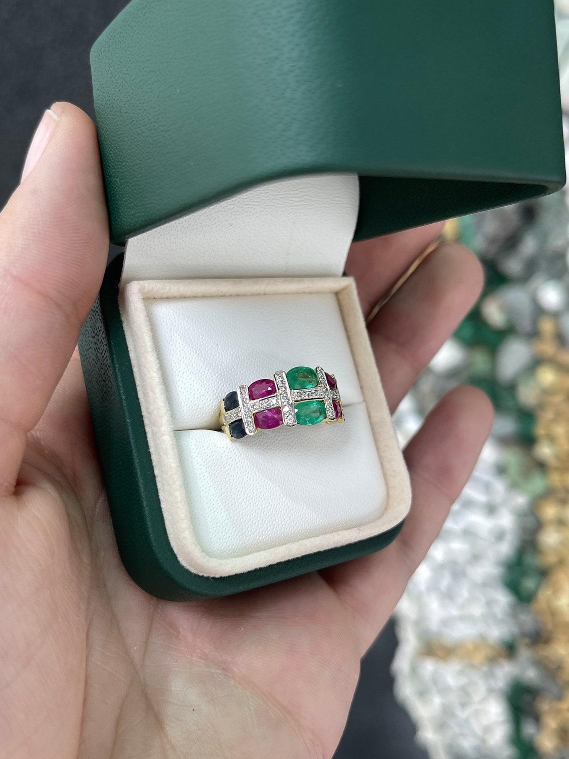 3.15 Carat Multi Gemstone Oval Emerald Ruby Sapphire Diamond Ring In New Condition For Sale In Jupiter, FL