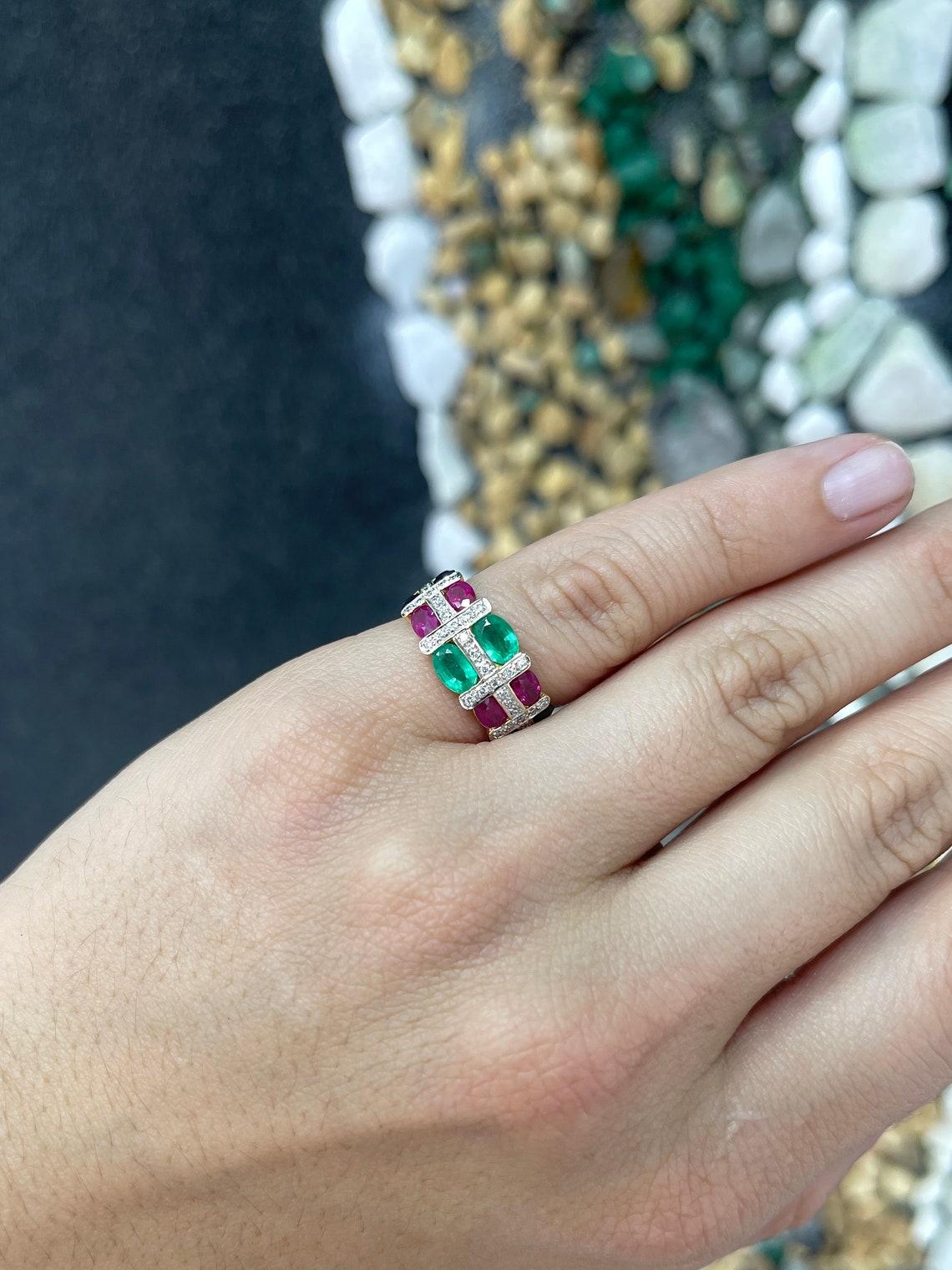 Women's 3.15 Carat Multi Gemstone Oval Emerald Ruby Sapphire Diamond Ring For Sale