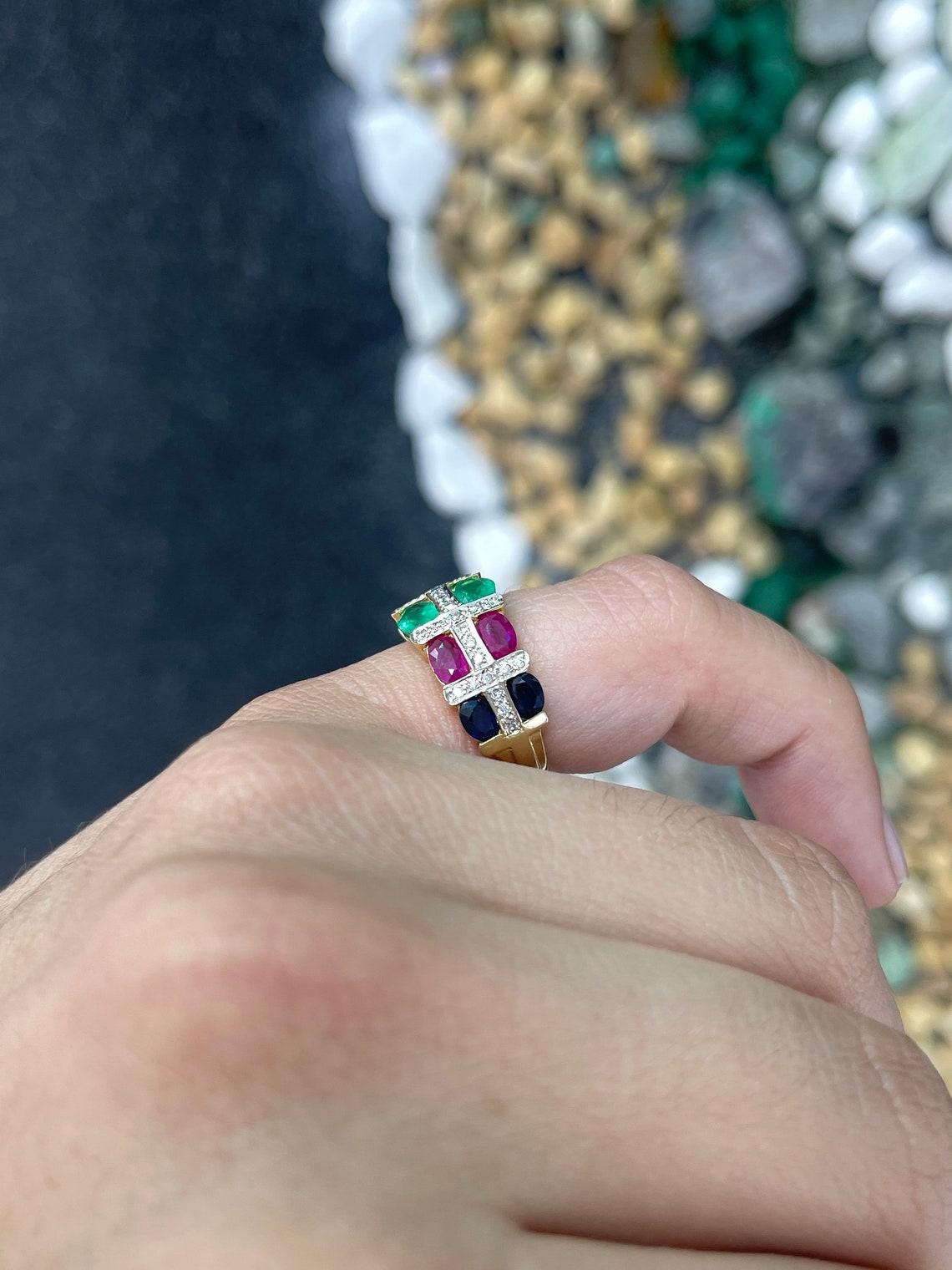 3.15 Carat Multi Gemstone Oval Emerald Ruby Sapphire Diamond Ring For Sale 1