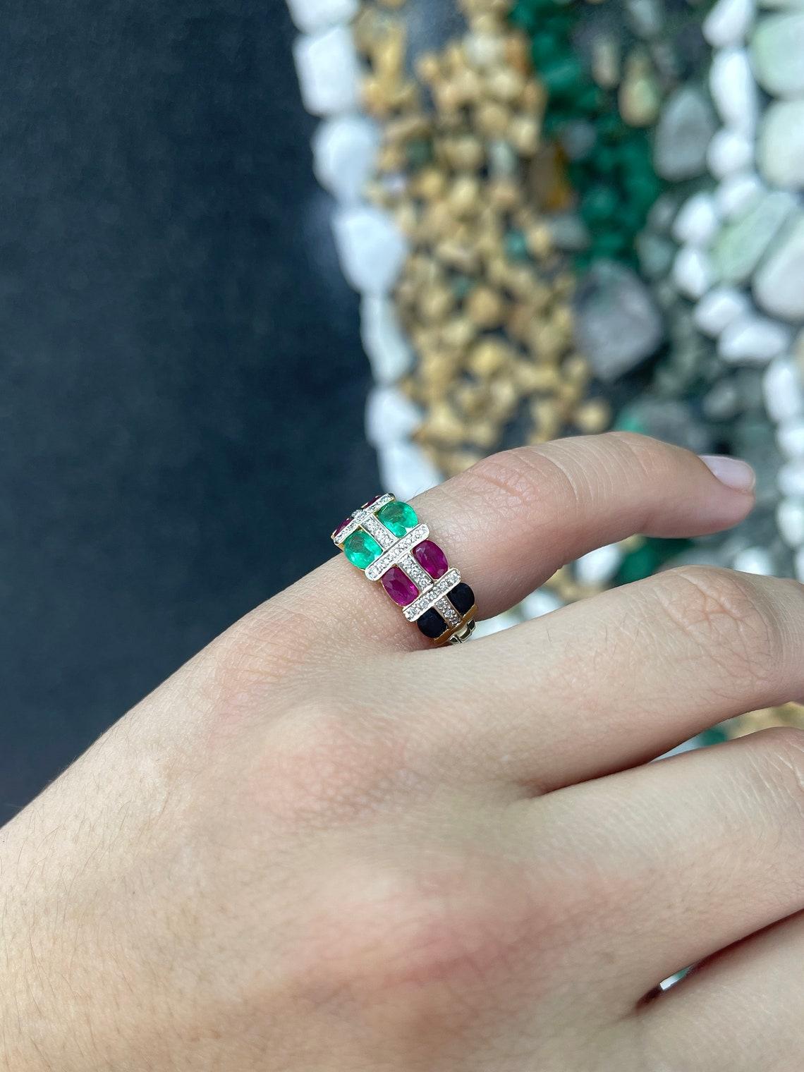3.15 Carat Multi Gemstone Oval Emerald Ruby Sapphire Diamond Ring For Sale 2
