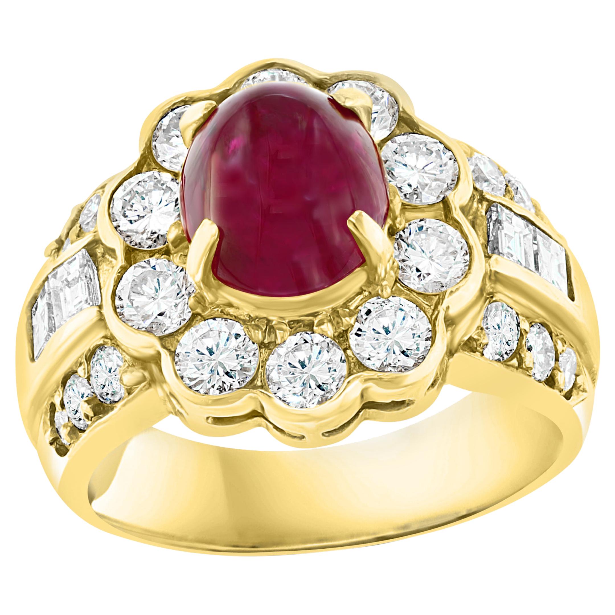 3.15 Carat Natural Burma Cabochon Ruby and 1.79 Carat Diamond 18 Karat Gold Ring For Sale