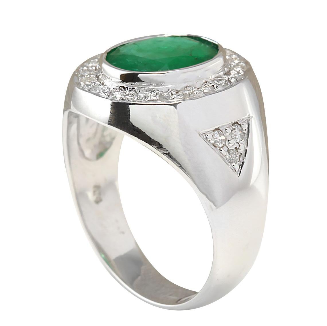 Oval Cut Men Emerald Diamond Ring In 14 Karat White Gold  For Sale