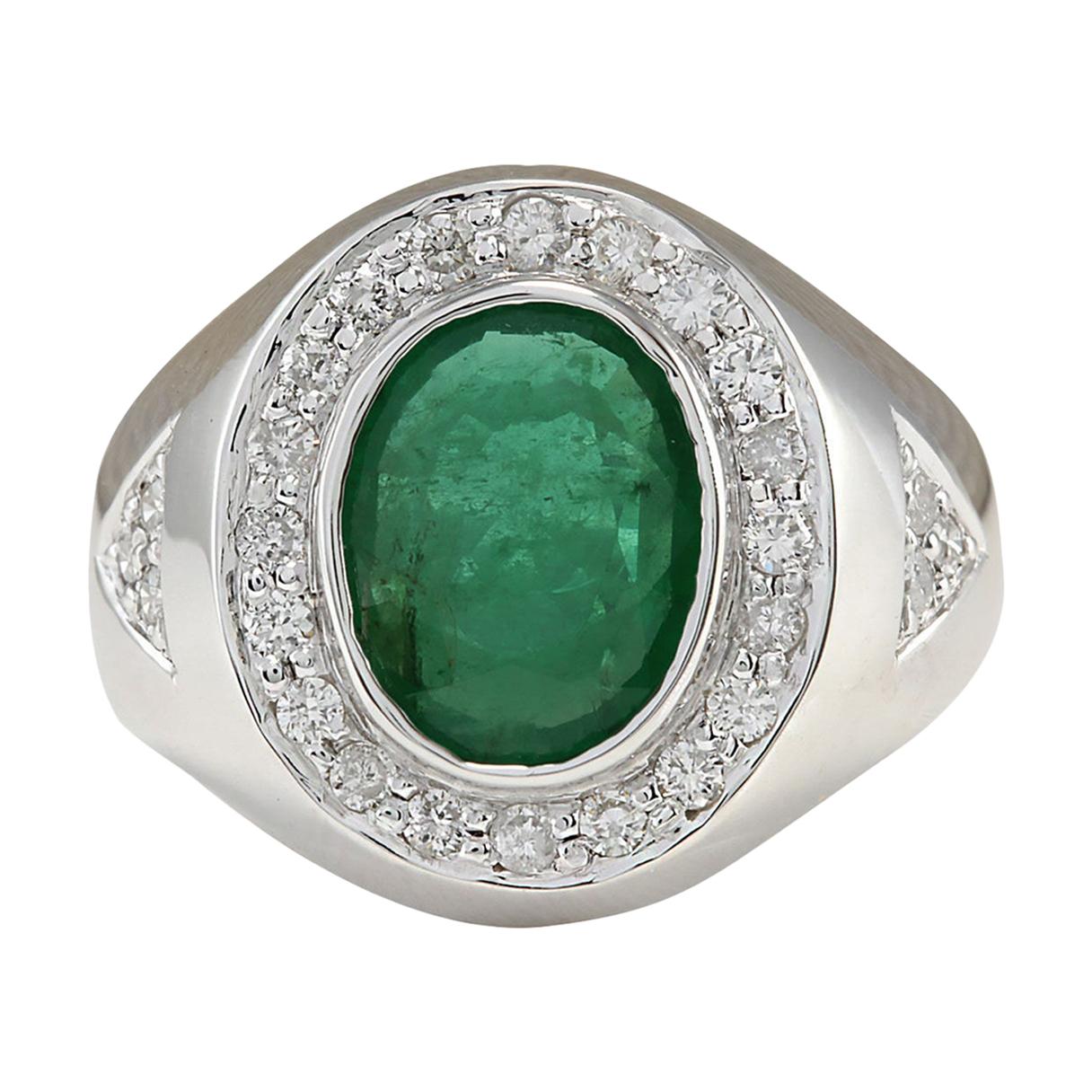 Men Emerald Diamond Ring In 14 Karat White Gold  For Sale