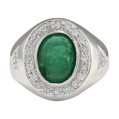 Used Men Emerald Diamond Ring In 14 Karat White Gold 