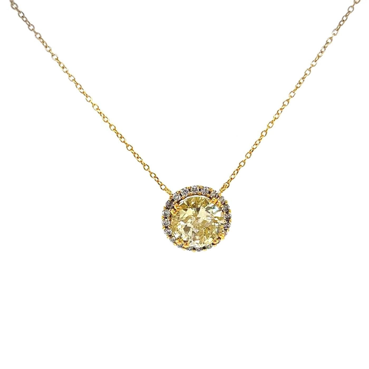 Modernist 3.15 Carat Natural Fancy Yellow Round Diamond 18K Gold Pendant Halo Necklace For Sale