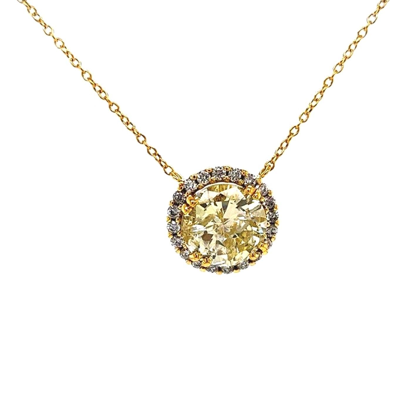 Women's 3.15 Carat Natural Fancy Yellow Round Diamond 18K Gold Pendant Halo Necklace For Sale