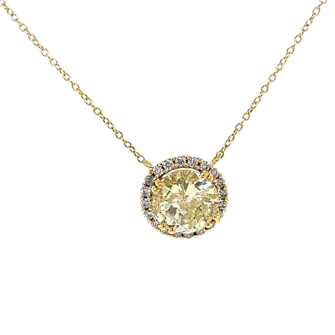 3.15 Carat Natural Fancy Yellow Round Diamond 18K Gold Pendant Halo Necklace For Sale 1