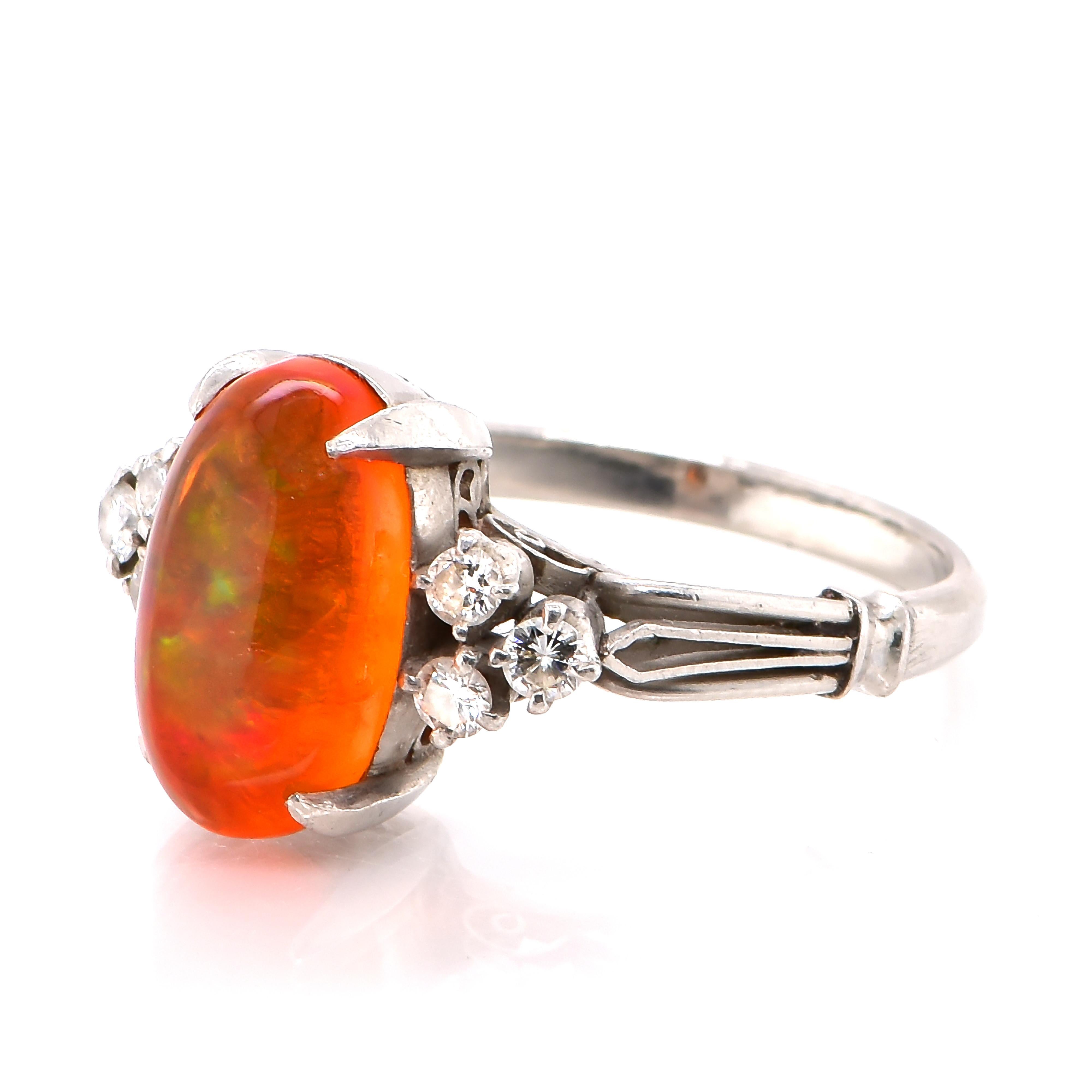 Modern 3.15 Carat Natural Mexican Fire Opal and Diamond Estate Ring Made in Platinum For Sale