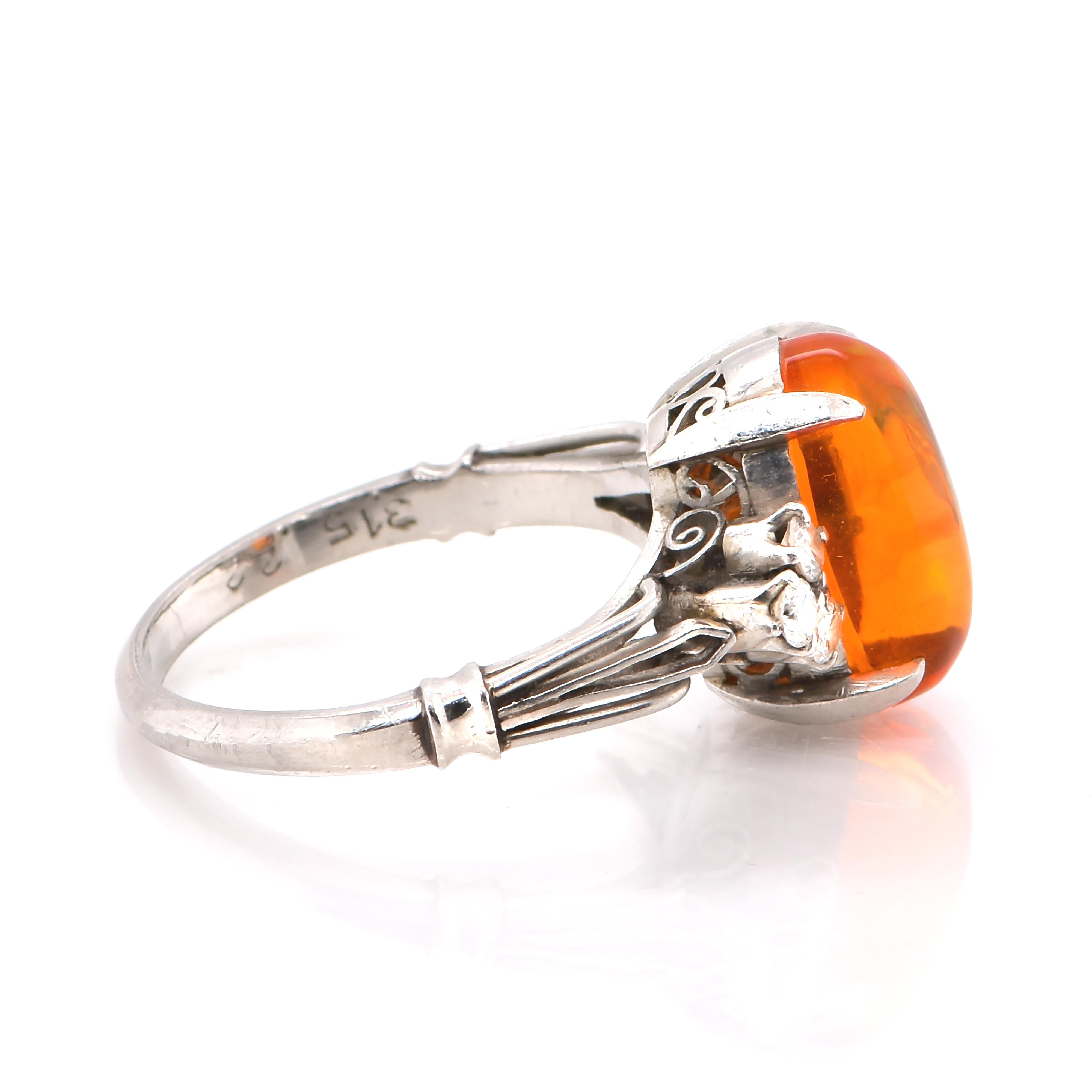 Cabochon 3.15 Carat Natural Mexican Fire Opal and Diamond Estate Ring Made in Platinum For Sale