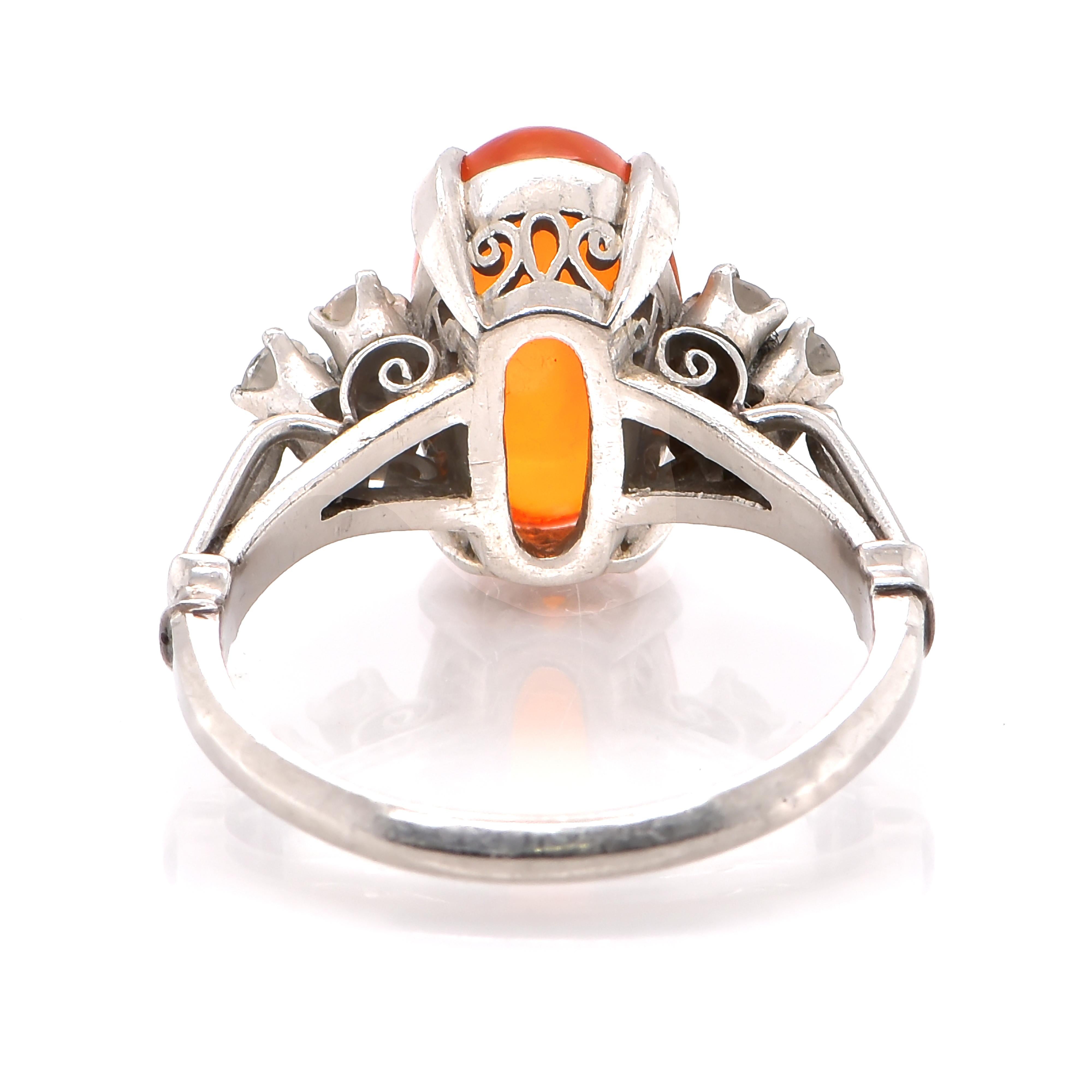 Women's 3.15 Carat Natural Mexican Fire Opal and Diamond Estate Ring Made in Platinum For Sale