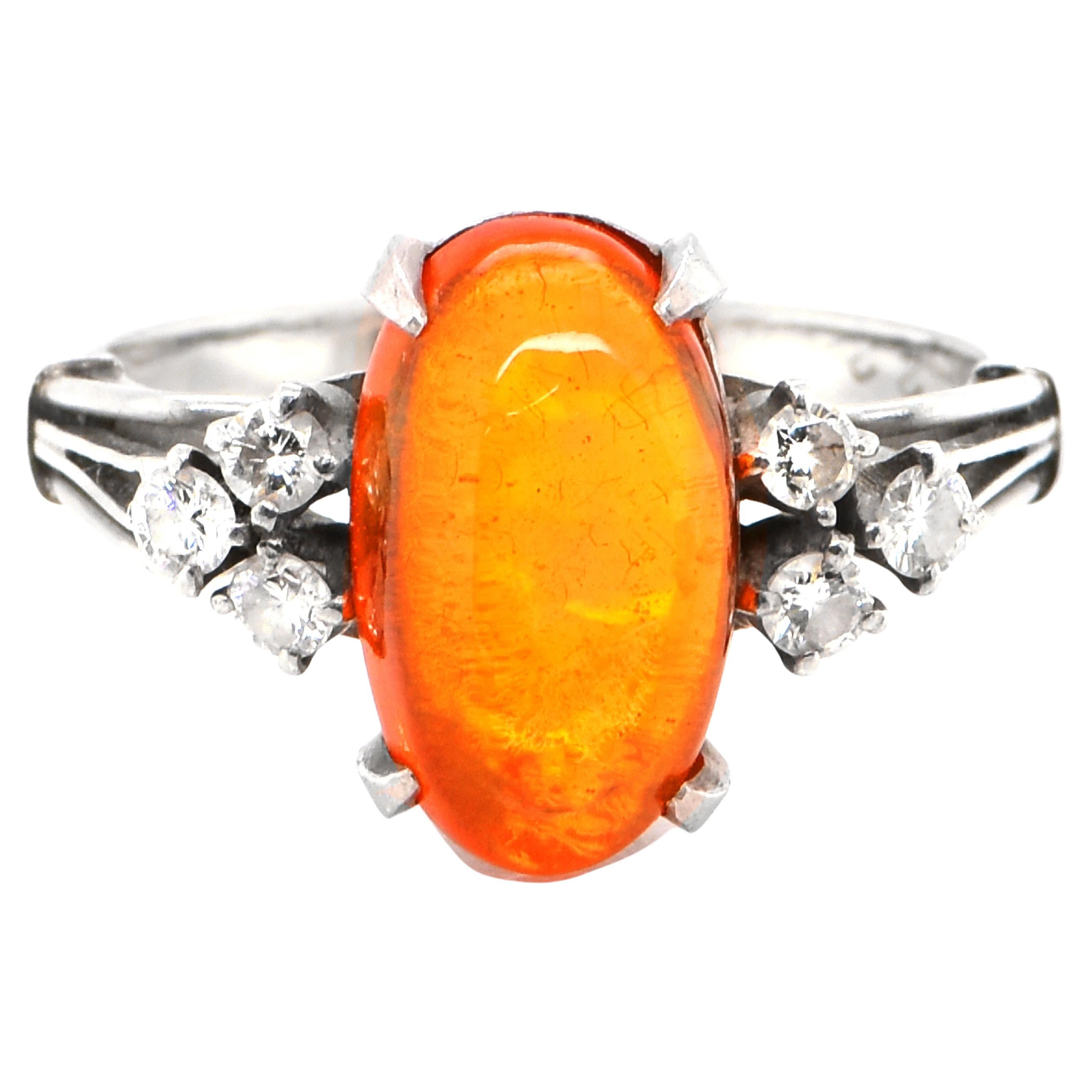 3.15 Carat Natural Mexican Fire Opal and Diamond Estate Ring Made in Platinum For Sale