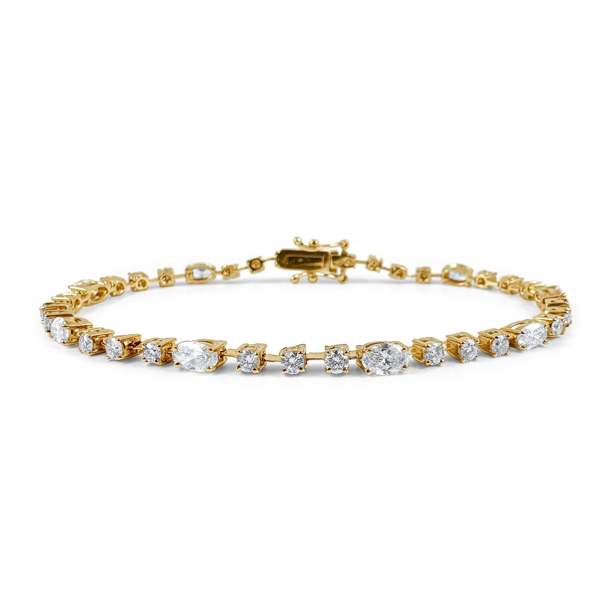 Pulsera de tenis con diamantes ovalados y redondos de 3,15 quilates en oro amarillo de 14 quilates, 7 pulgadas Contemporáneo en venta