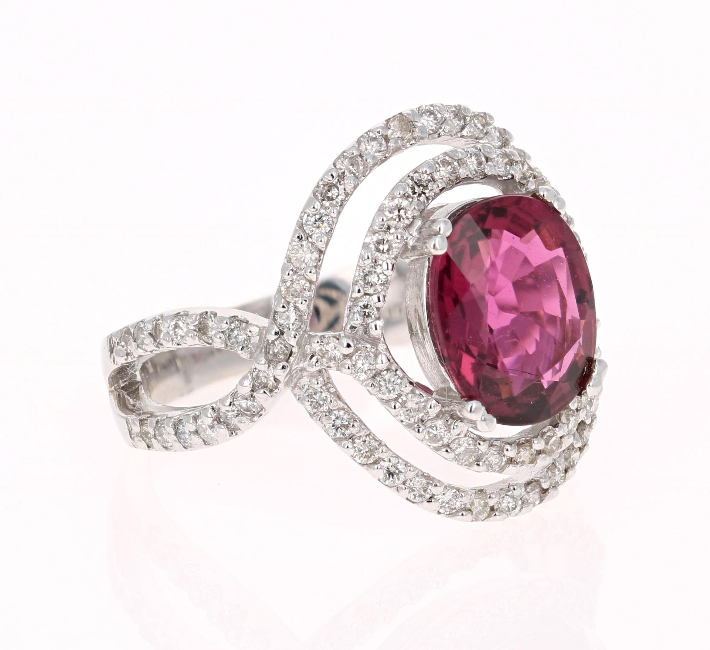 Contemporary 3.15 Carat Oval Cut Pink Tourmaline Diamond White Gold Cocktail Ring